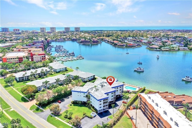 bird's eye view with a water view