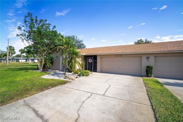 ranch-style home featuring a garage and a front yard