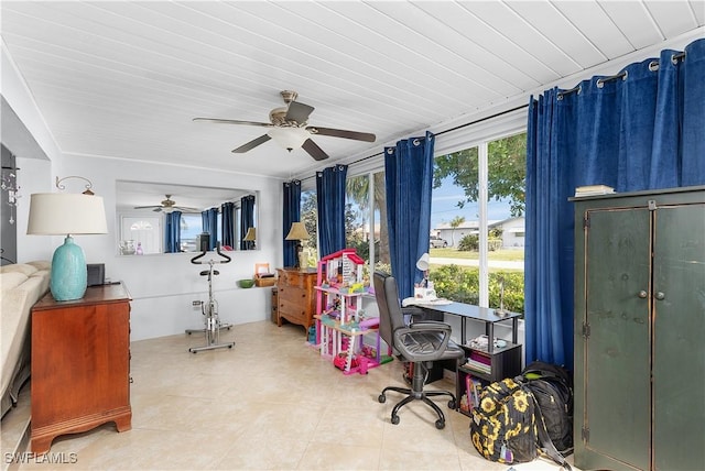 misc room featuring light tile patterned floors, wood ceiling, and ceiling fan