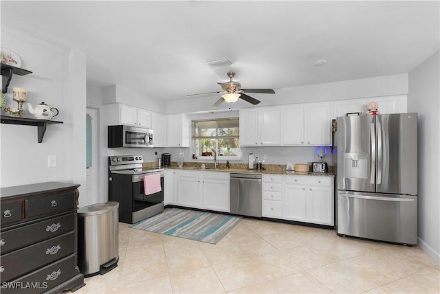 kitchen with sink, ceiling fan, stainless steel appliances, light stone countertops, and white cabinets