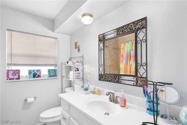 bathroom with vanity, walk in shower, and toilet