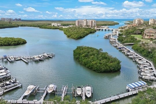 drone / aerial view featuring a water view