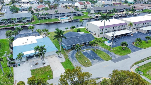 drone / aerial view featuring a water view