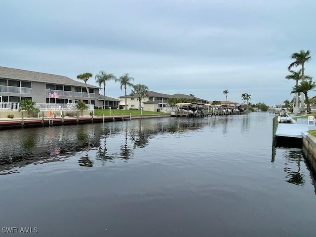 property view of water with a dock