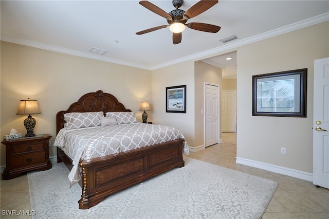 bedroom featuring crown molding, ceiling fan, and light tile patterned floors