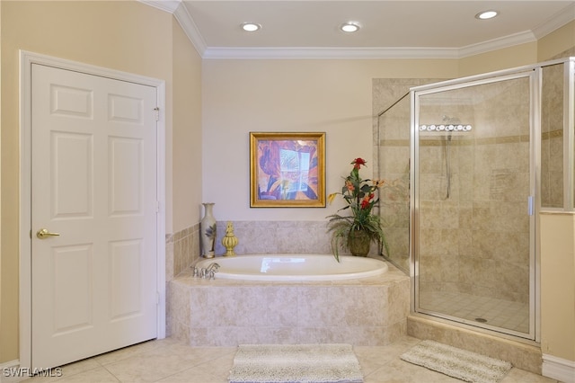 bathroom featuring ornamental molding, tile patterned floors, and separate shower and tub