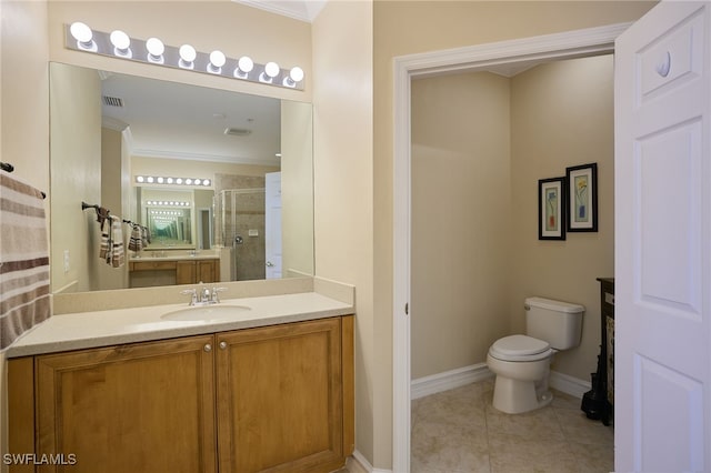 bathroom with tile patterned floors, toilet, an enclosed shower, ornamental molding, and vanity