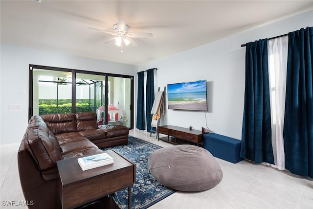 living room featuring ceiling fan