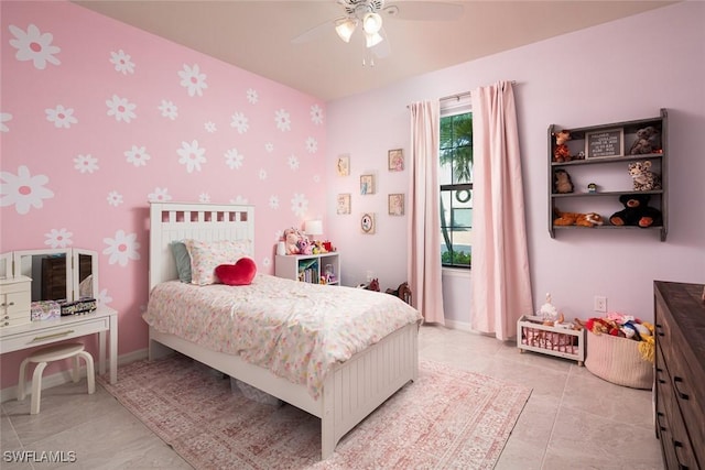 tiled bedroom featuring access to exterior and ceiling fan