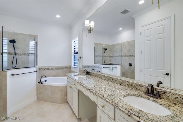 bathroom with vanity, tile patterned flooring, ornamental molding, and plus walk in shower