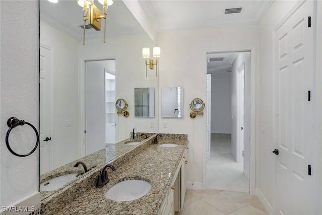 bathroom with vanity, tile patterned flooring, and ornamental molding