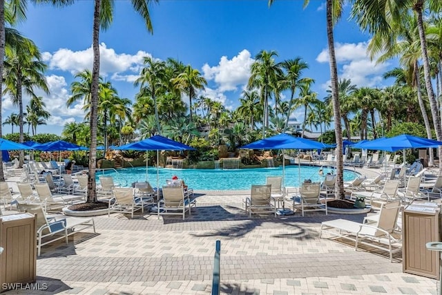 view of pool featuring pool water feature