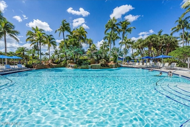 view of swimming pool featuring pool water feature and a patio