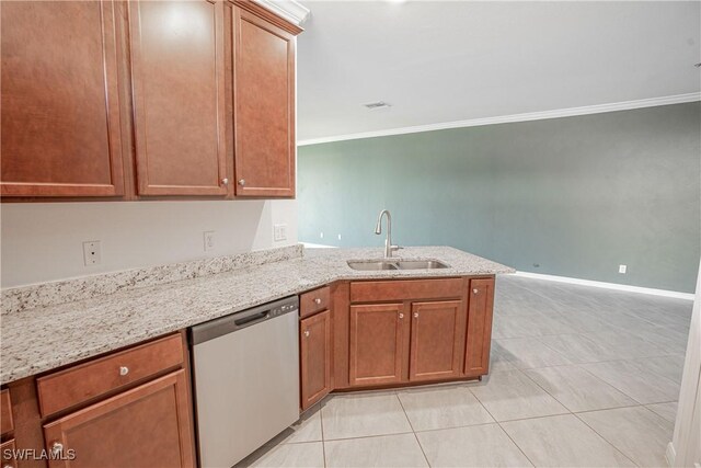 kitchen with sink, light tile patterned floors, stainless steel dishwasher, ornamental molding, and kitchen peninsula