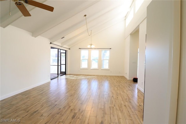 empty room featuring beamed ceiling, high vaulted ceiling, ceiling fan with notable chandelier, and light wood-type flooring