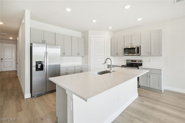 kitchen with appliances with stainless steel finishes, an island with sink, sink, backsplash, and light hardwood / wood-style floors