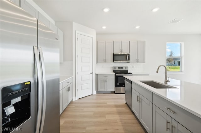 kitchen with sink, gray cabinetry, light hardwood / wood-style flooring, appliances with stainless steel finishes, and decorative backsplash