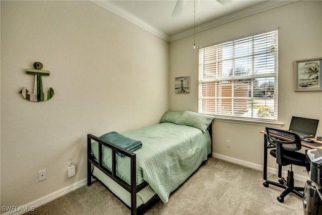 bedroom featuring multiple windows, crown molding, light carpet, and ceiling fan