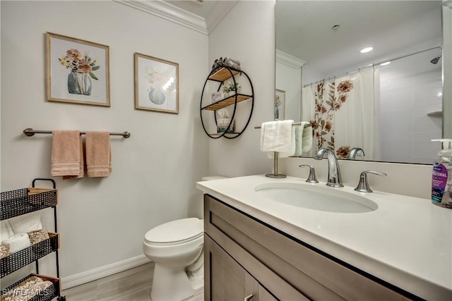 bathroom featuring hardwood / wood-style floors, vanity, ornamental molding, a shower with curtain, and toilet