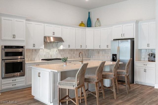 kitchen with appliances with stainless steel finishes, a sink, white cabinetry, and under cabinet range hood