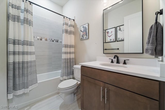 bathroom featuring vanity, shower / bath combination with curtain, toilet, and tile patterned floors