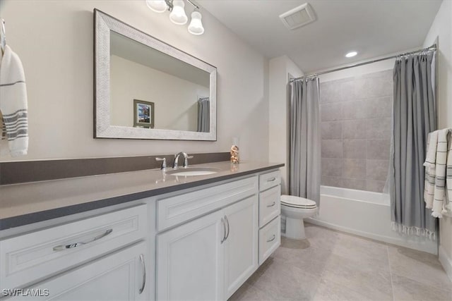 full bathroom featuring toilet, visible vents, vanity, tile patterned floors, and shower / bathtub combination with curtain