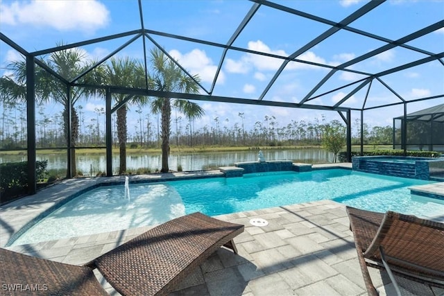 view of swimming pool with a patio area, a pool with connected hot tub, a water view, and glass enclosure