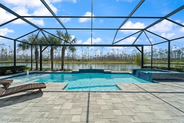 view of pool with a pool with connected hot tub, a water view, a patio, and a lanai