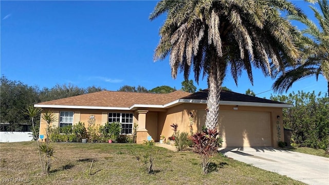 single story home featuring a garage and a front lawn