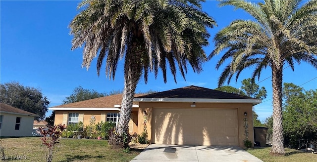 ranch-style house with a garage and a front lawn