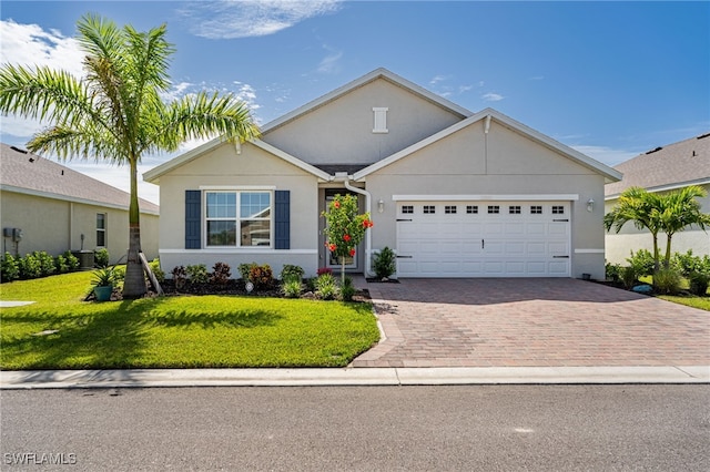 view of front facade featuring central AC unit, a garage, and a front lawn