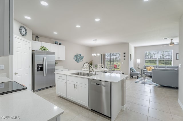 kitchen featuring white cabinetry, sink, an island with sink, and appliances with stainless steel finishes