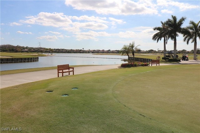 view of property's community with a yard and a water view