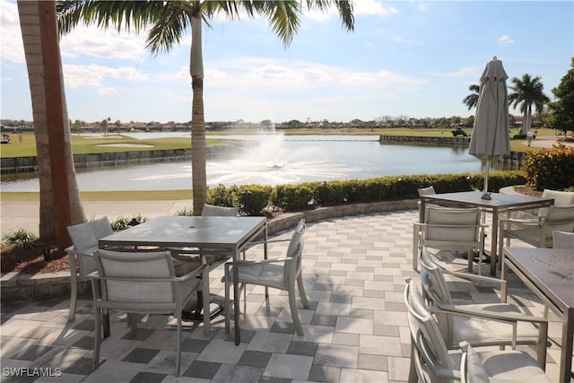 view of patio with a water view