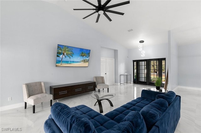 living room featuring high vaulted ceiling, french doors, and ceiling fan