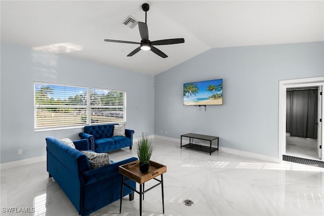 living room featuring ceiling fan and vaulted ceiling