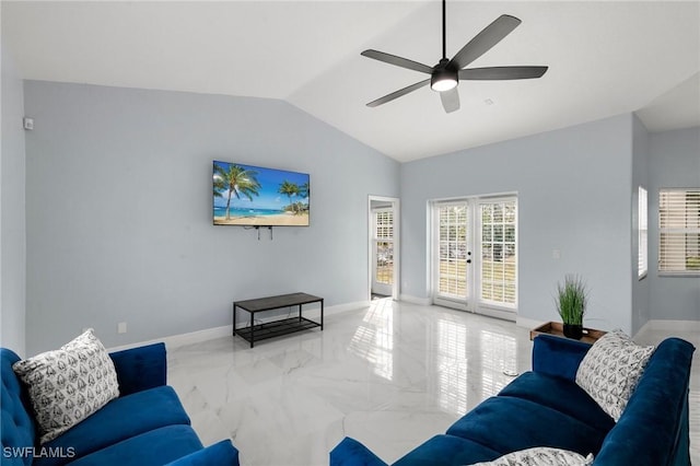 living room featuring french doors, ceiling fan, and lofted ceiling