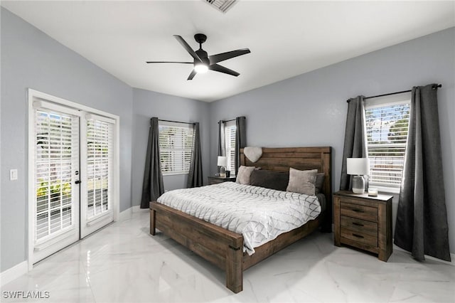 bedroom featuring access to outside and ceiling fan