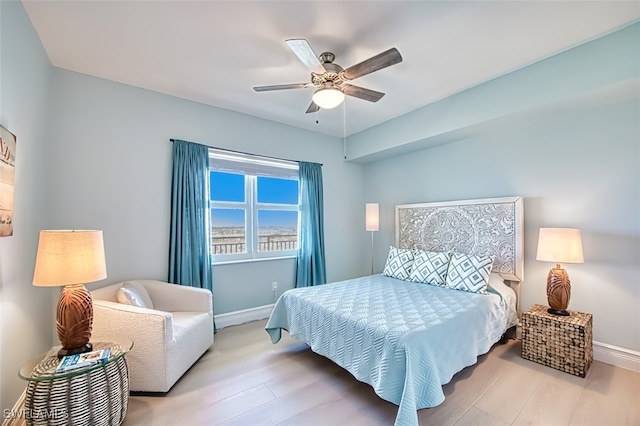 bedroom with ceiling fan and light wood-type flooring