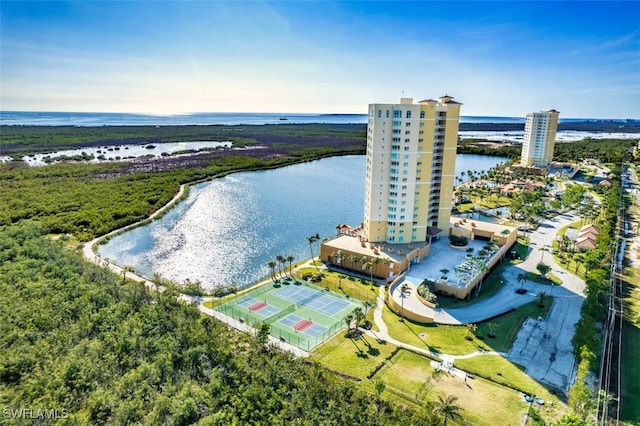 drone / aerial view featuring a water view