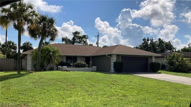 ranch-style home featuring a garage, concrete driveway, a front lawn, and stucco siding