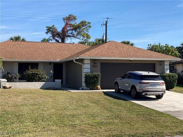 ranch-style house with a garage and a front lawn