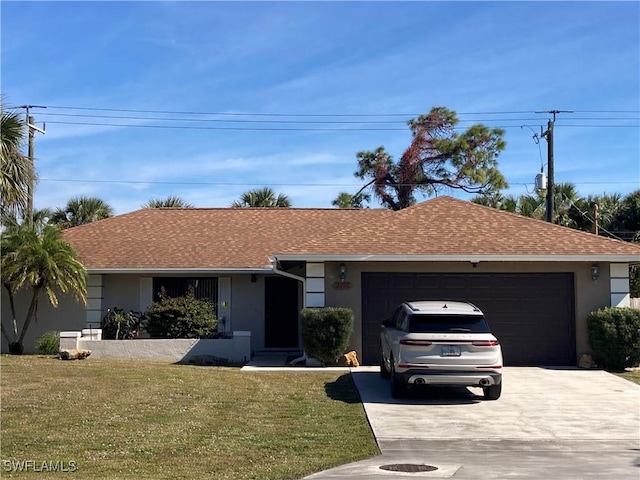 ranch-style house with a garage and a front lawn