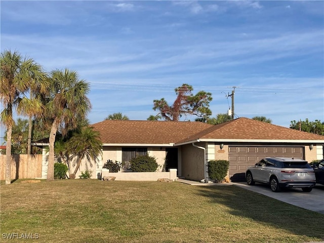 ranch-style home with a garage and a front lawn