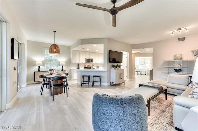 living room with ceiling fan and light hardwood / wood-style floors