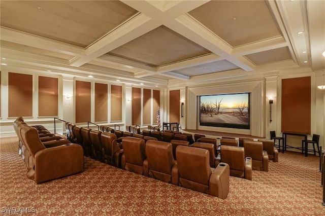 cinema room featuring crown molding, coffered ceiling, light carpet, and beam ceiling