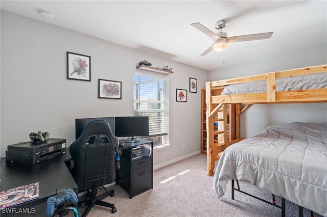 bedroom with light colored carpet and ceiling fan