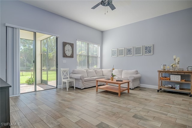 living room featuring ceiling fan