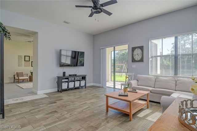 living room with ceiling fan