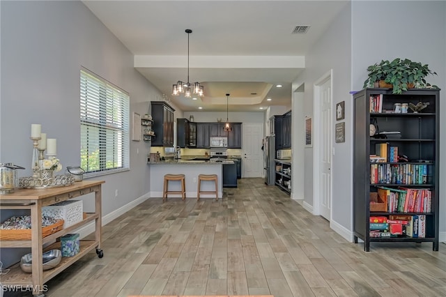 kitchen with dark brown cabinetry, light wood-type flooring, appliances with stainless steel finishes, a tray ceiling, and kitchen peninsula